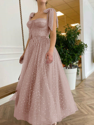 Woochic mi-longue robe trapèze brillante paillette avec noeud papillon élégant cocktail Rose S
